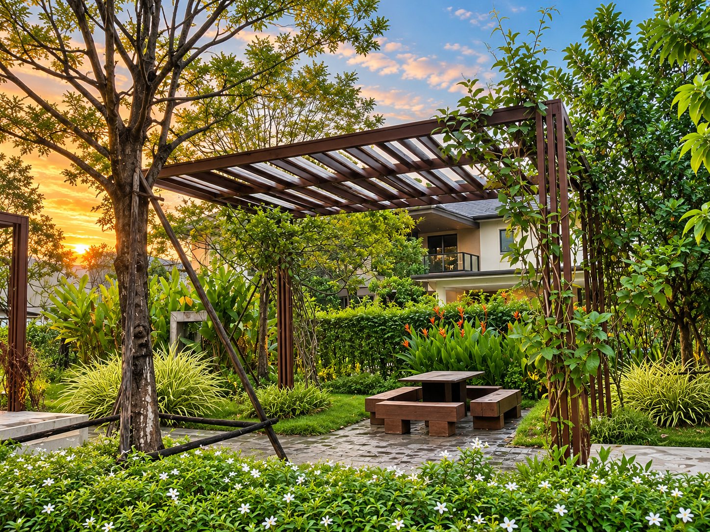 สวน Urban Oasis ของศูนย์ยามเย็น มีซุ้มไม้เลื้อยและต้นไม้ใหญ่